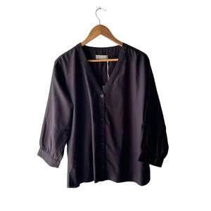 EVERLANE Women's Size 14 Black The Silky Cotton Lantern V-Neck Button Top - New